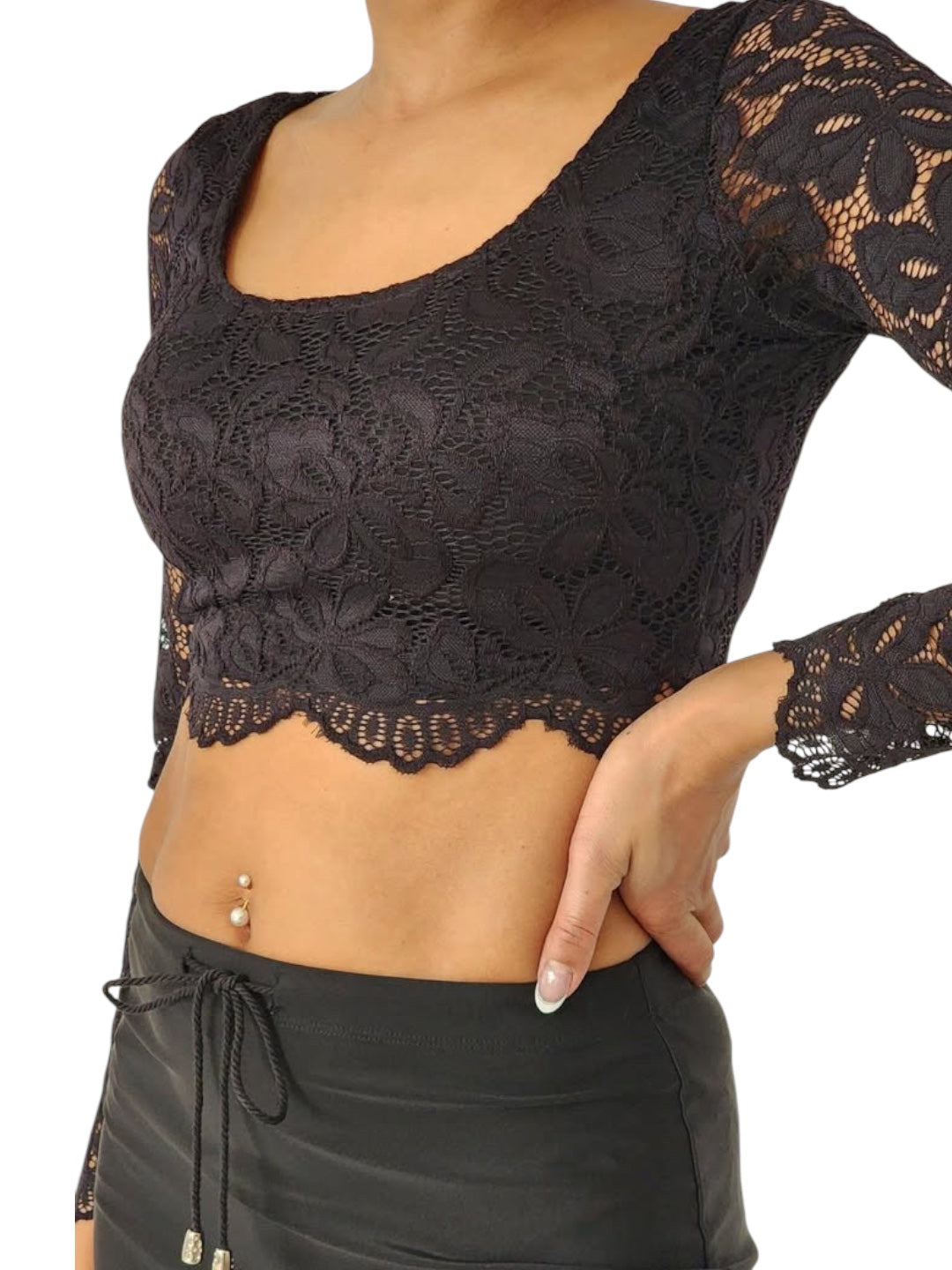 Black fitted lace blouse with scalloped floral trim, featuring a reversible neckline with a deep V on one side and a scoop on the other. Fully lined body with sheer lace sleeves.