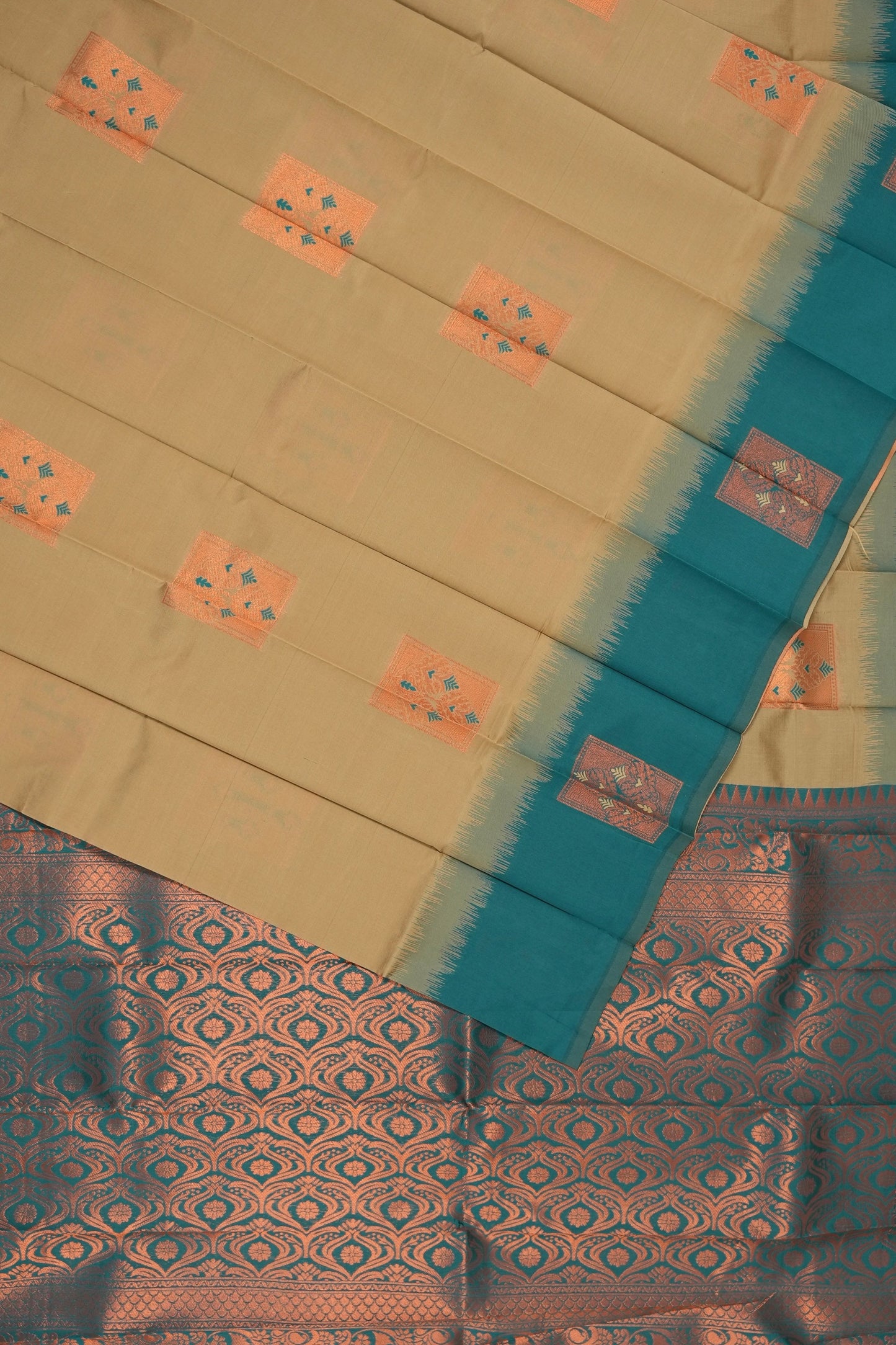 Tan and Peacock Blue Kanchi Cotton Saree (Ready-To-Ship)