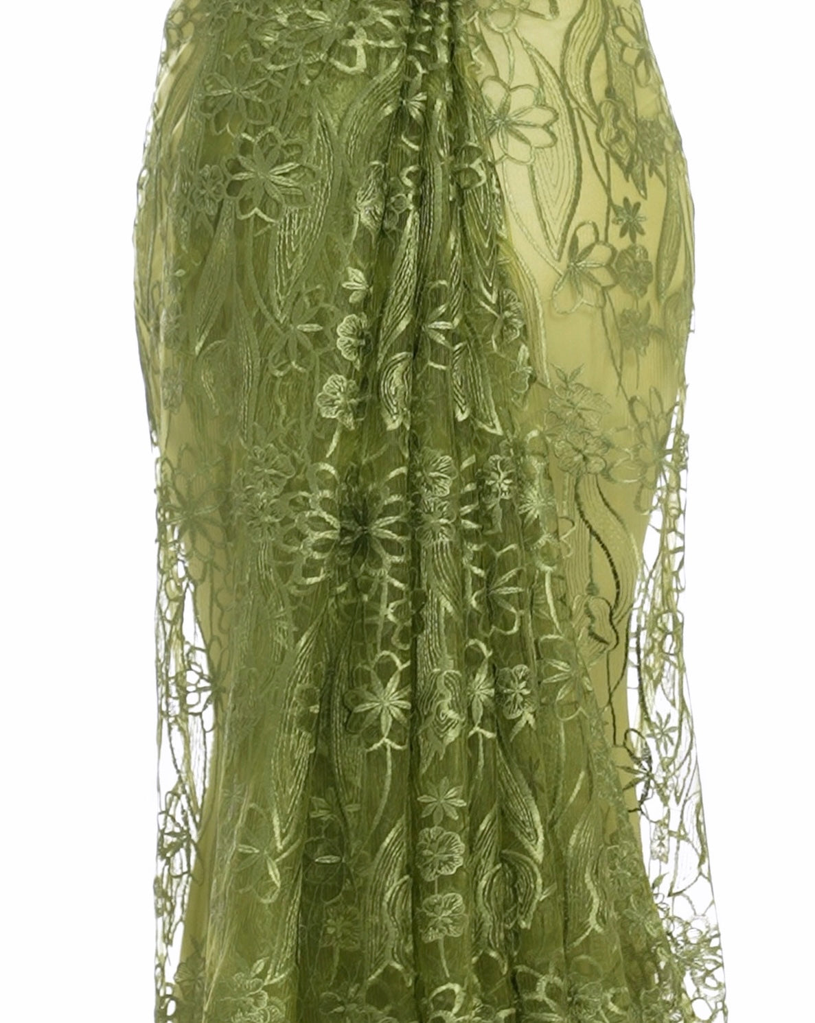 Close up of front pleats on a draped saree. The saree is a nature green transparent saree with floral embroidery in the same colour. Model's matching green saree petticoat is also visible underneath.