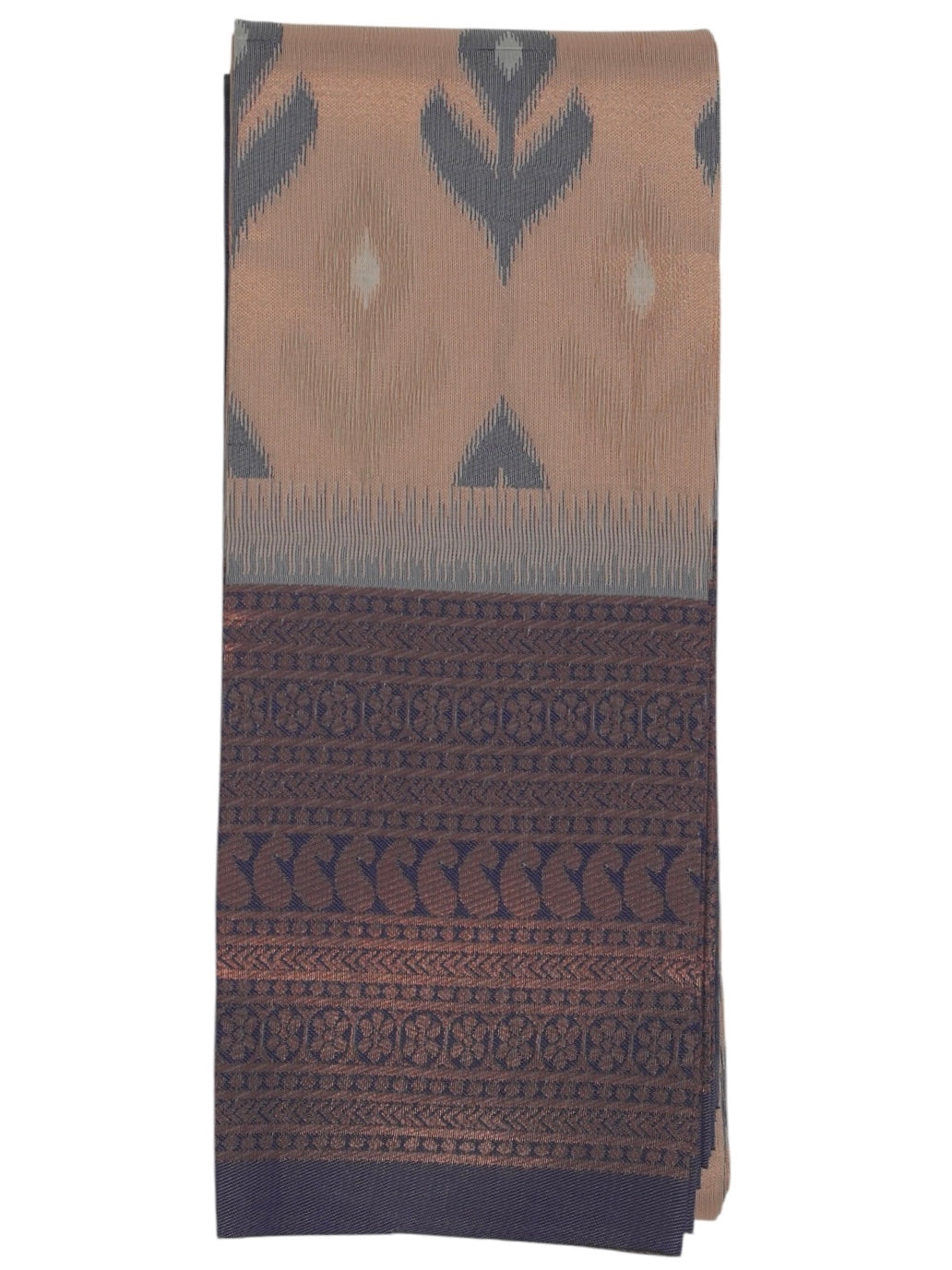 Beige & Pale Blue Leaf Kanchi Cotton Saree (Ready-To-Ship)