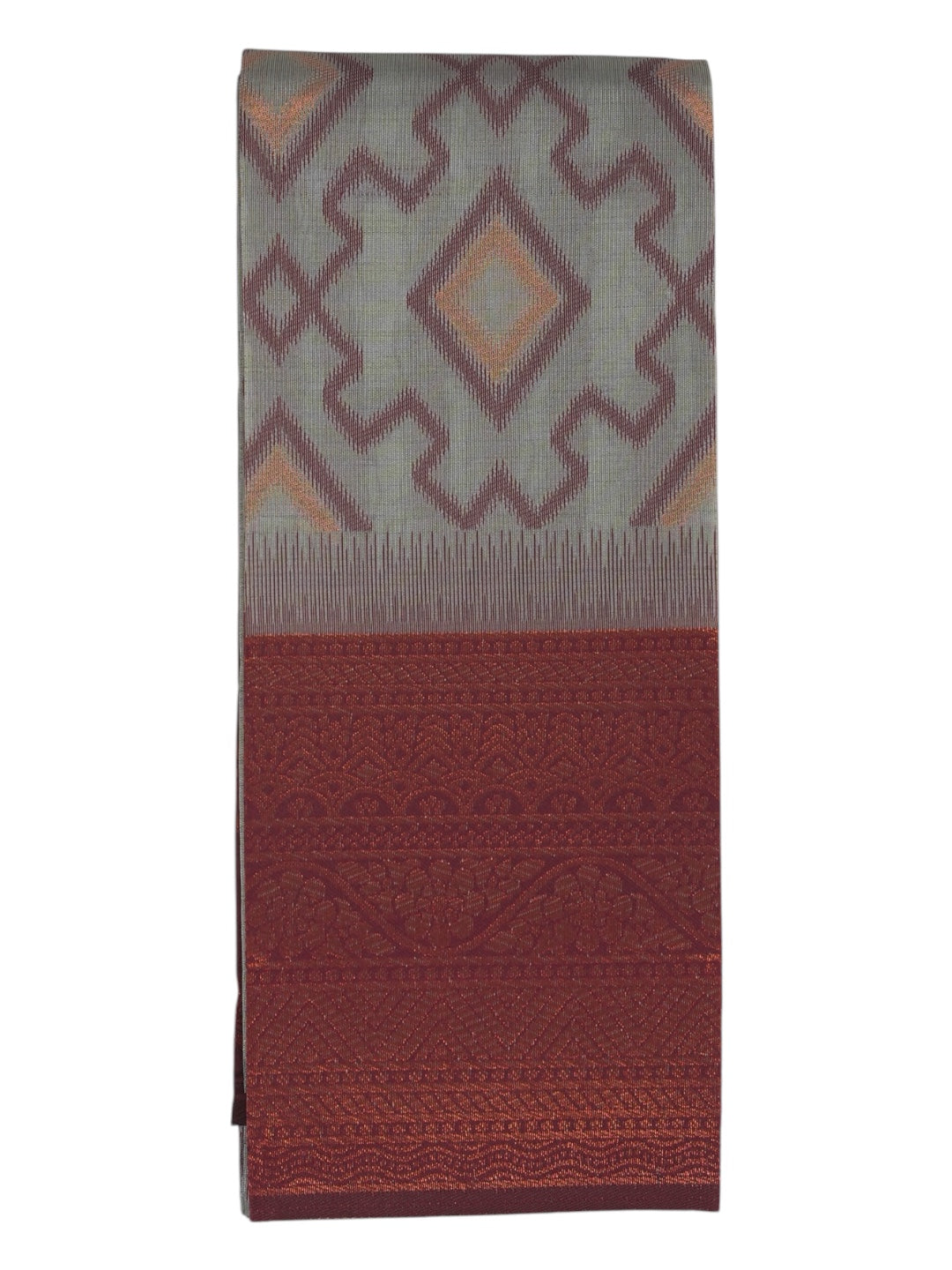 Light Grey & Maroon Geometric Kanchi Cotton Saree (Ready-To-Ship)