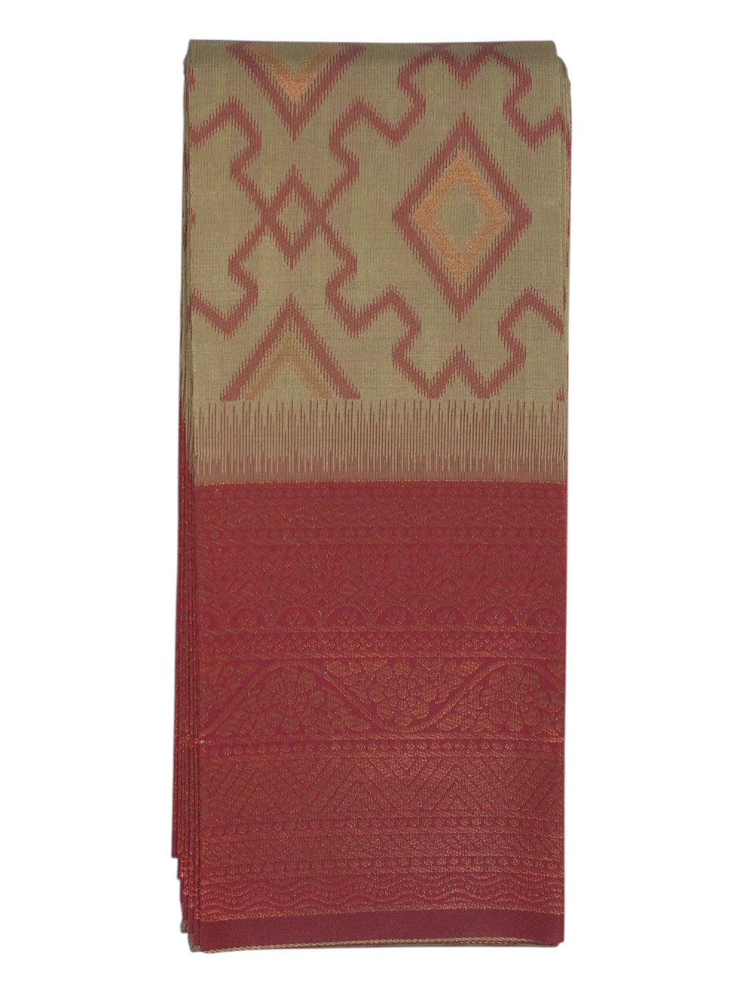 Tan and Red Geometric Kanchi Cotton Saree (Ready-To-Ship)