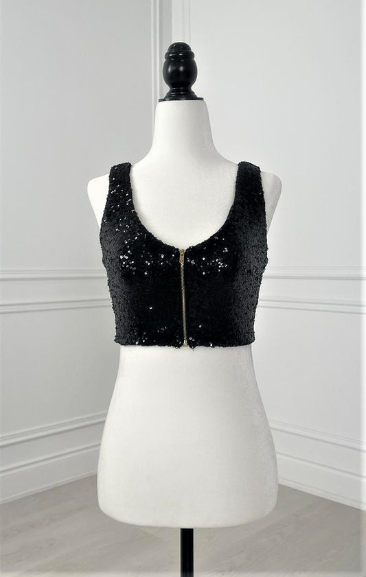 Black Sleeveless Sequin Crop Top